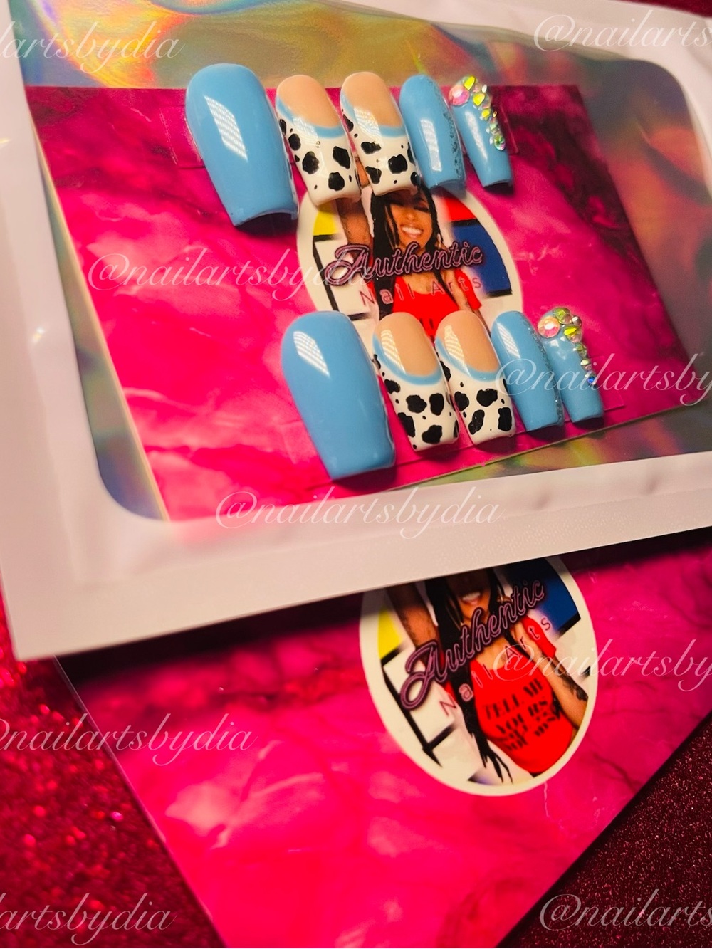 Blue Cow Print Press-On Nail Set with Rhinestones